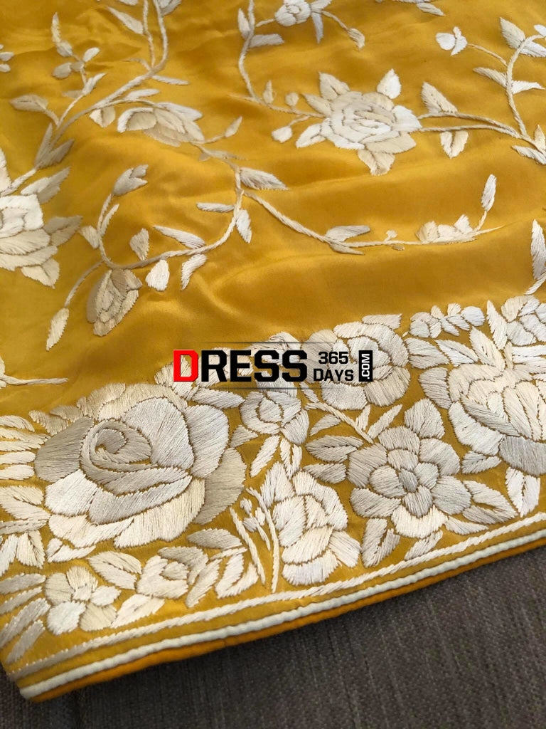 Yellow & Ivory Hand Embroidered Parsi Gara Suit (Three Piece) Suits