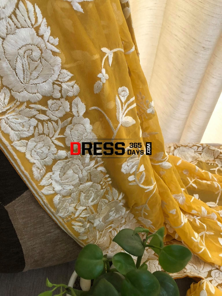 Yellow & Ivory Hand Embroidered Parsi Gara Suit (Three Piece) Suits