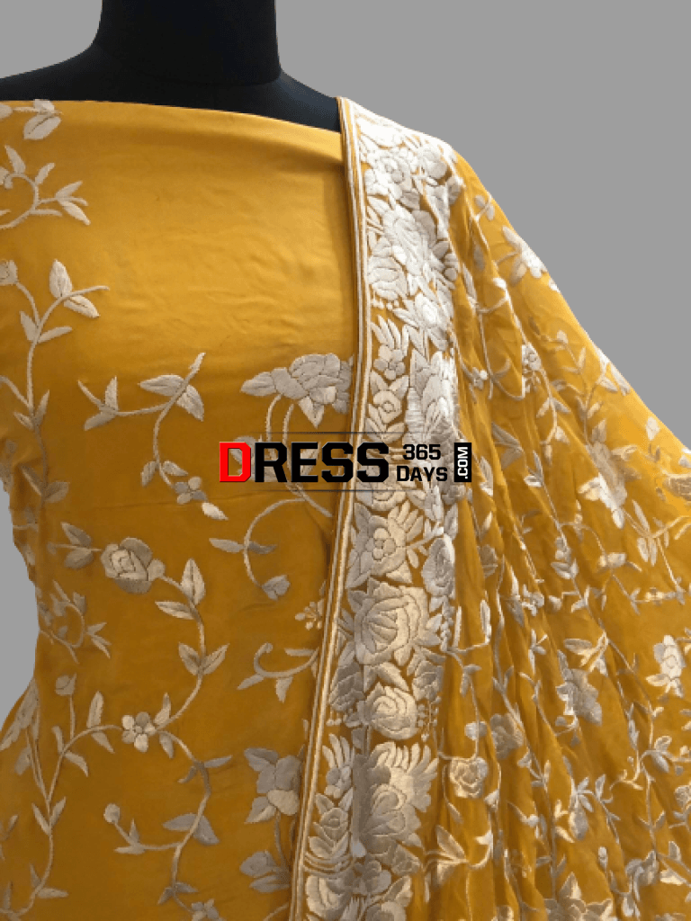 Yellow & Ivory Hand Embroidered Parsi Gara Suit (Three Piece) Suits