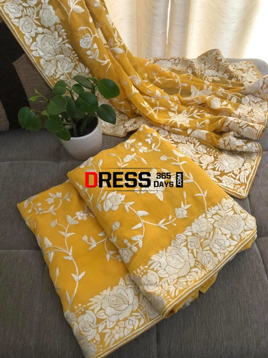 Yellow & Ivory Hand Embroidered Parsi Gara Suit (Three Piece) Suits
