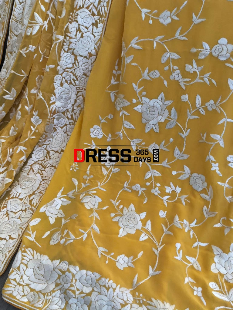 Yellow & Ivory Hand Embroidered Parsi Gara Suit (Three Piece) Suits