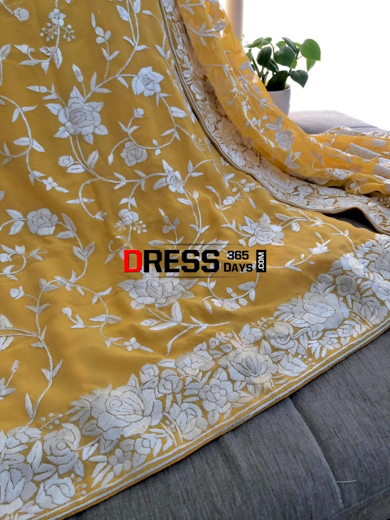 Yellow & Ivory Hand Embroidered Parsi Gara Suit (Three Piece) Suits