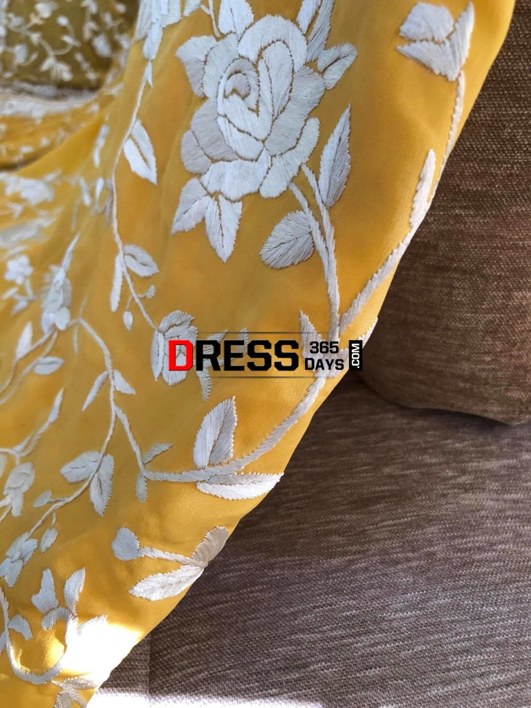 Yellow & Ivory Hand Embroidered Parsi Gara Suit (Three Piece) Suits