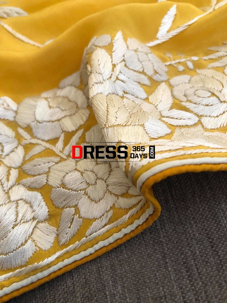 Yellow & Ivory Hand Embroidered Parsi Gara Suit (Three Piece) Suits