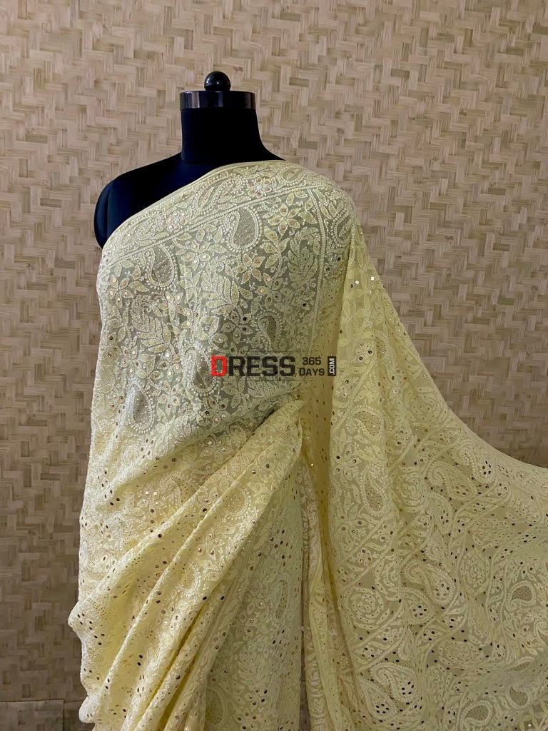 Yellow Kamdani Chikankari Saree