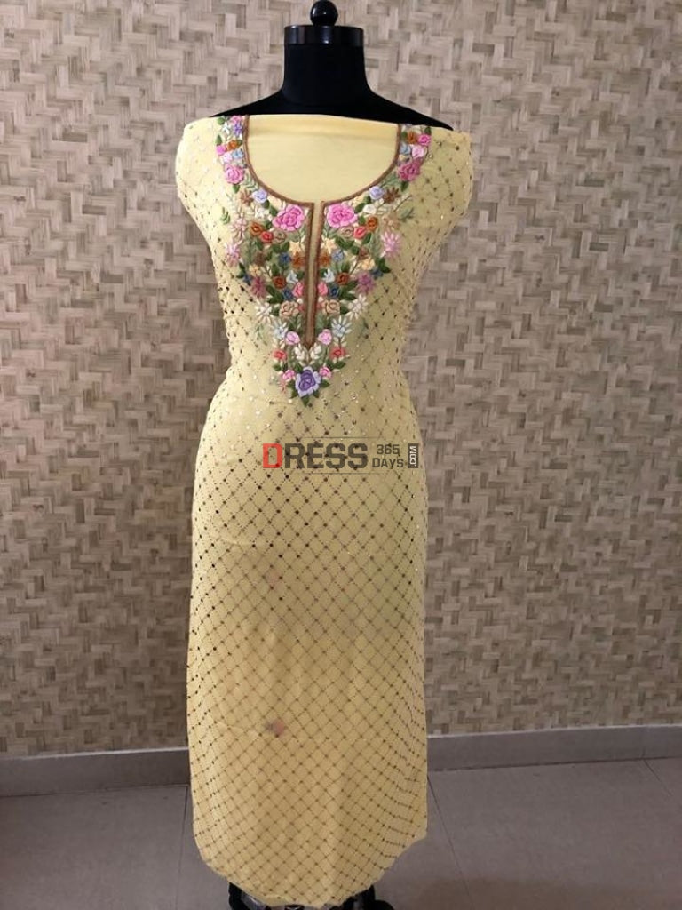 Yellow Kamdani Suit With Parsi Gara Embroidered Neckline Suits