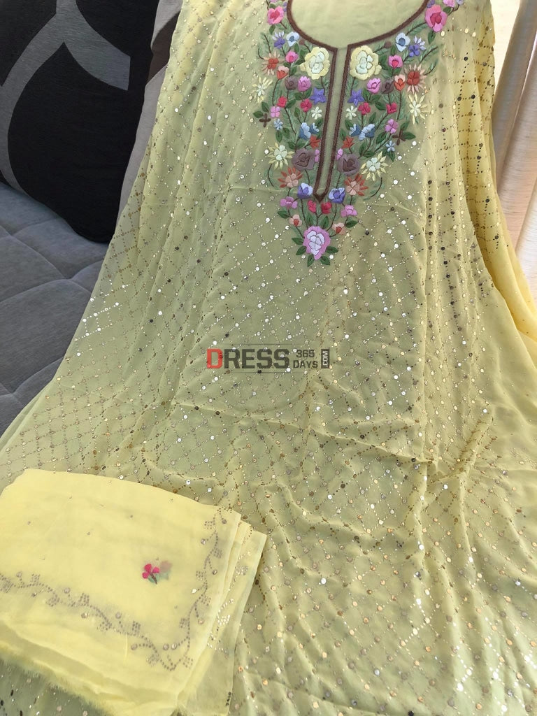 Yellow Kamdani Suit With Parsi Gara Embroidered Neckline Suits