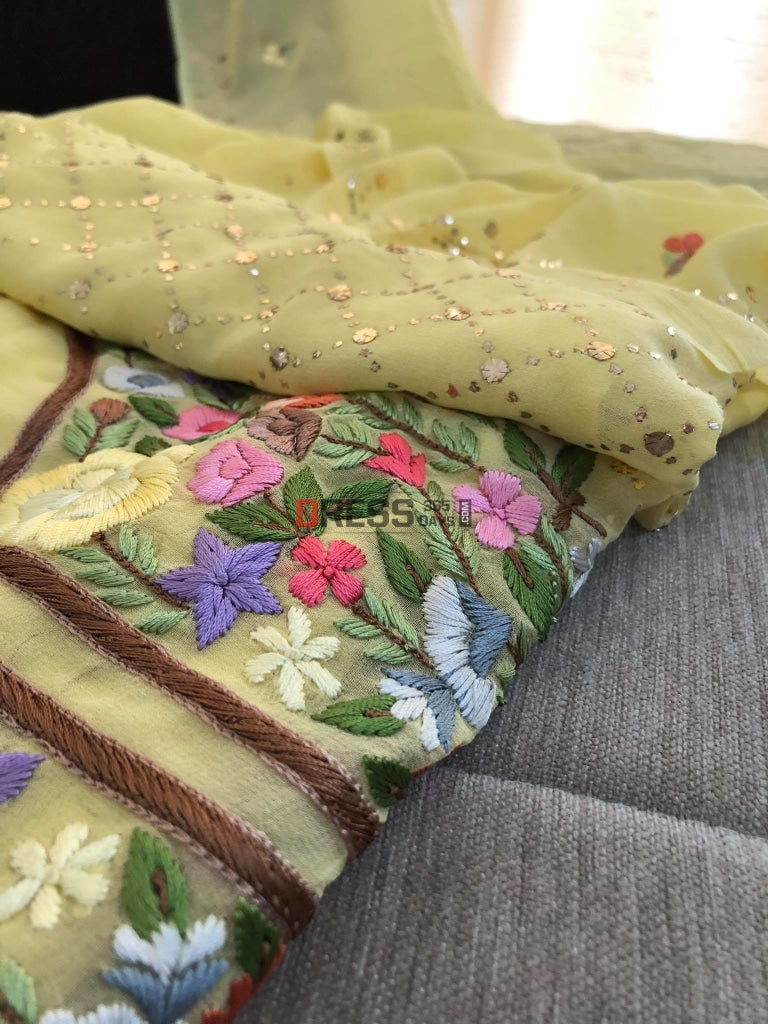 Yellow Kamdani Suit With Parsi Gara Embroidered Neckline Suits