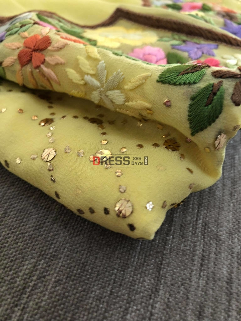Yellow Kamdani Suit With Parsi Gara Embroidered Neckline Suits