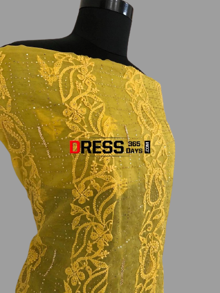 Yellow Lucknow Chikankari Suit with Mukaish - Dress365days
