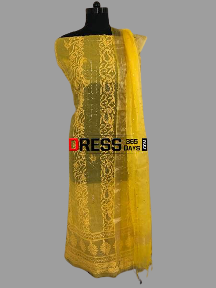 Yellow Lucknow Chikankari Suit with Mukaish - Dress365days