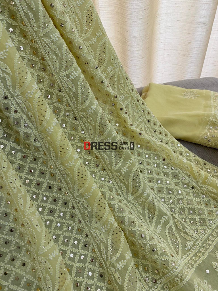 Yellow Lucknowi Chikankari Mukaish Suit Suits