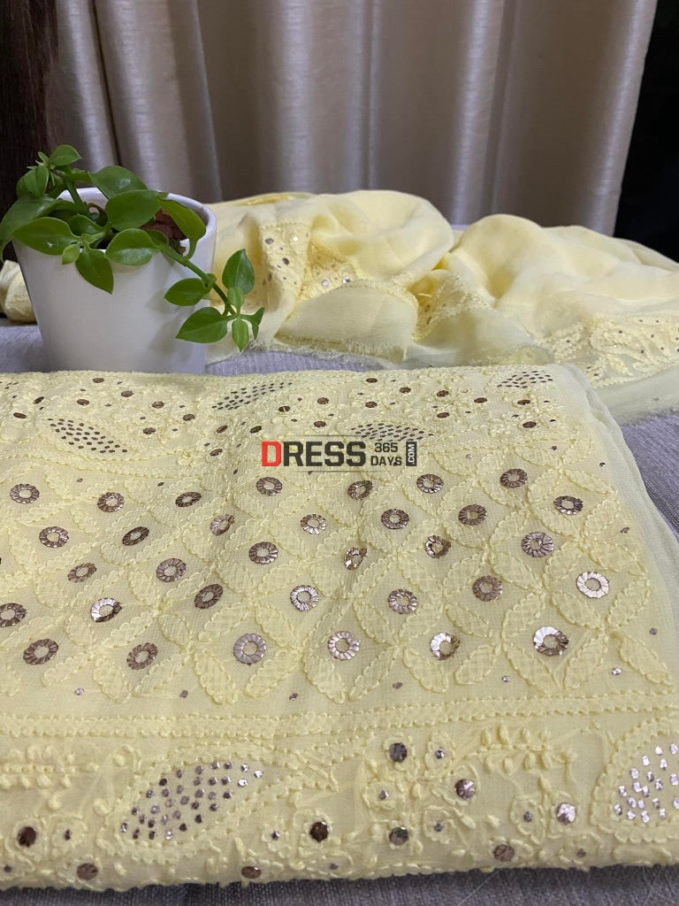 Yellow Lucknowi Chikankari Ring Mukaish Suit Suits