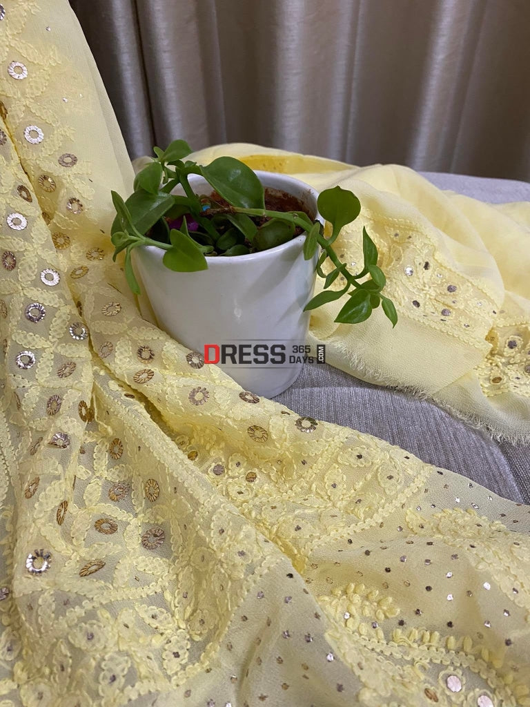 Yellow Lucknowi Chikankari Ring Mukaish Suit Suits