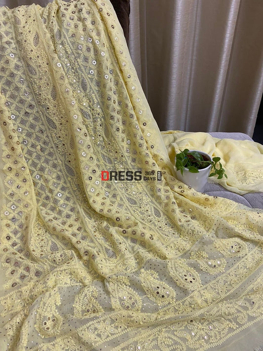 Yellow Lucknowi Chikankari Ring Mukaish Suit Suits