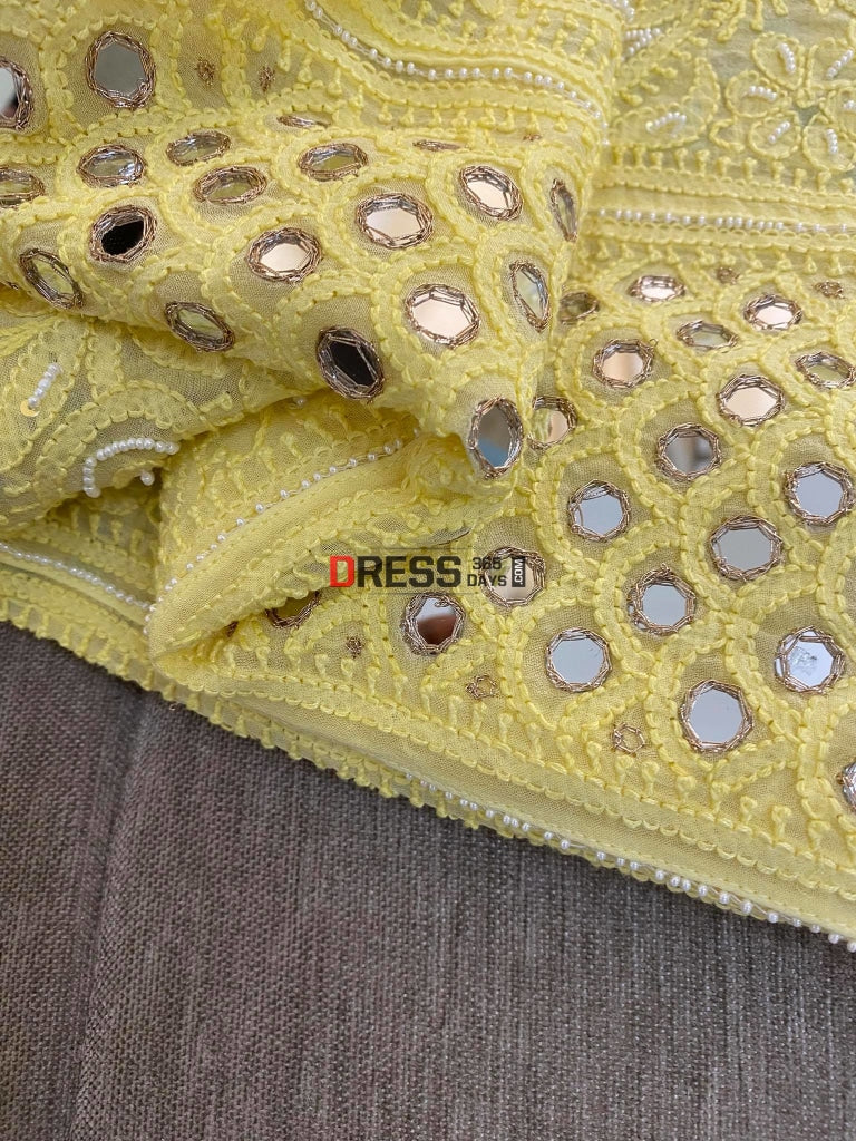 Yellow Mirror & Pearl Anarkali Suit Chikankari