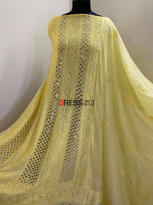 Yellow Mirror & Pearl Anarkali Suit Chikankari