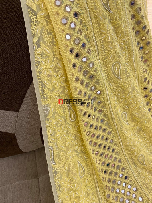 Yellow Mirror & Pearl Anarkali Suit Chikankari