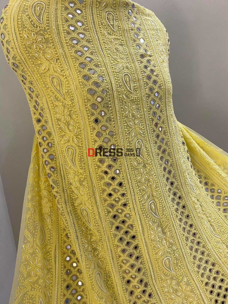 Yellow Mirror & Pearl Anarkali Suit Chikankari