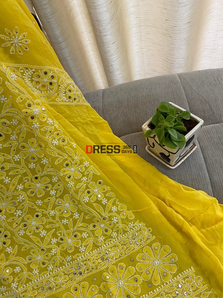 Yellow Mukaish Chikankari Kurti Fabric (Only Kurti)