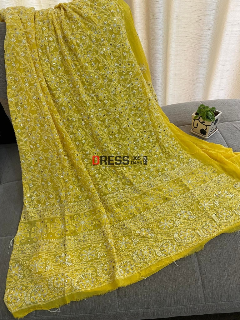 Yellow Mukaish Chikankari Kurti Fabric (Only Kurti)
