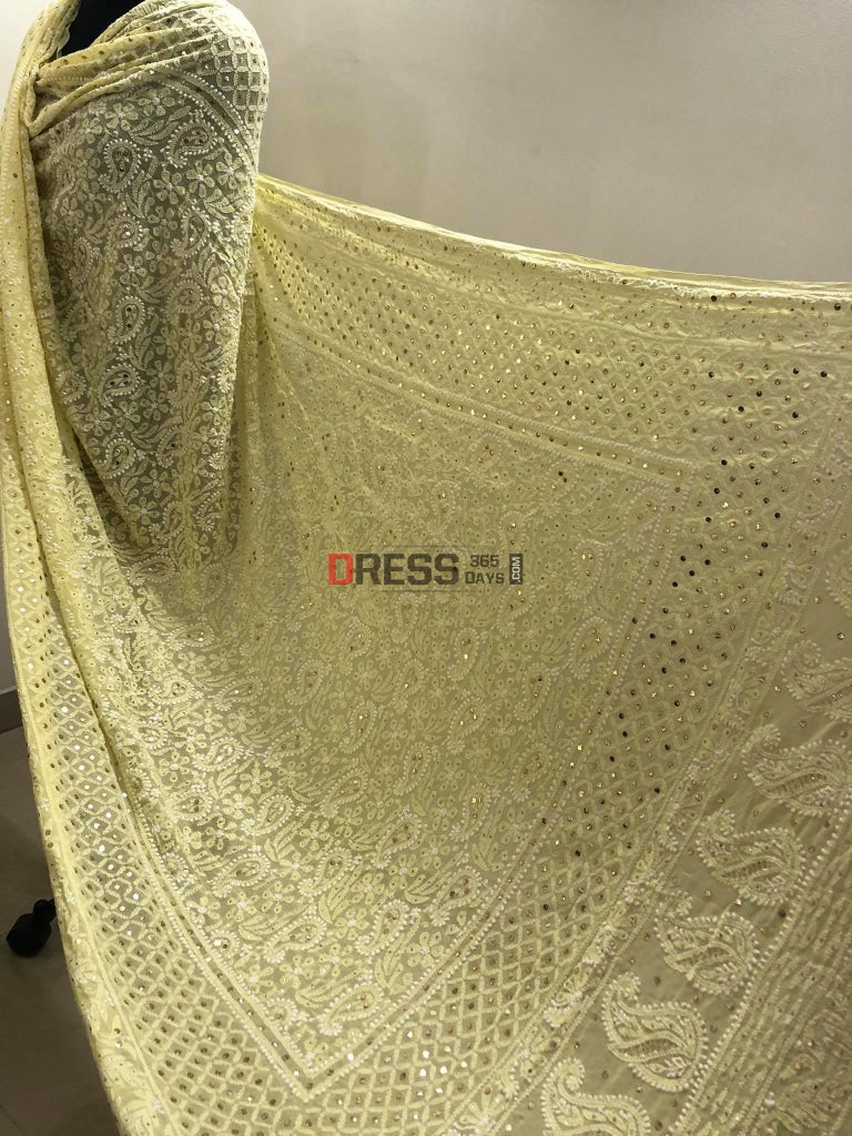 Yellow Mukaish Lucknowi Chikankari Dupatta
