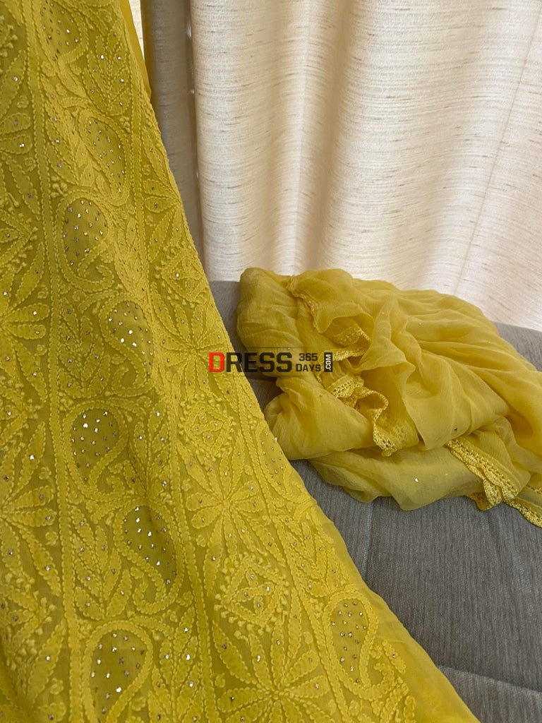 Yellow Mukaish Neckline Chikankari Kurta Dupatta Suits
