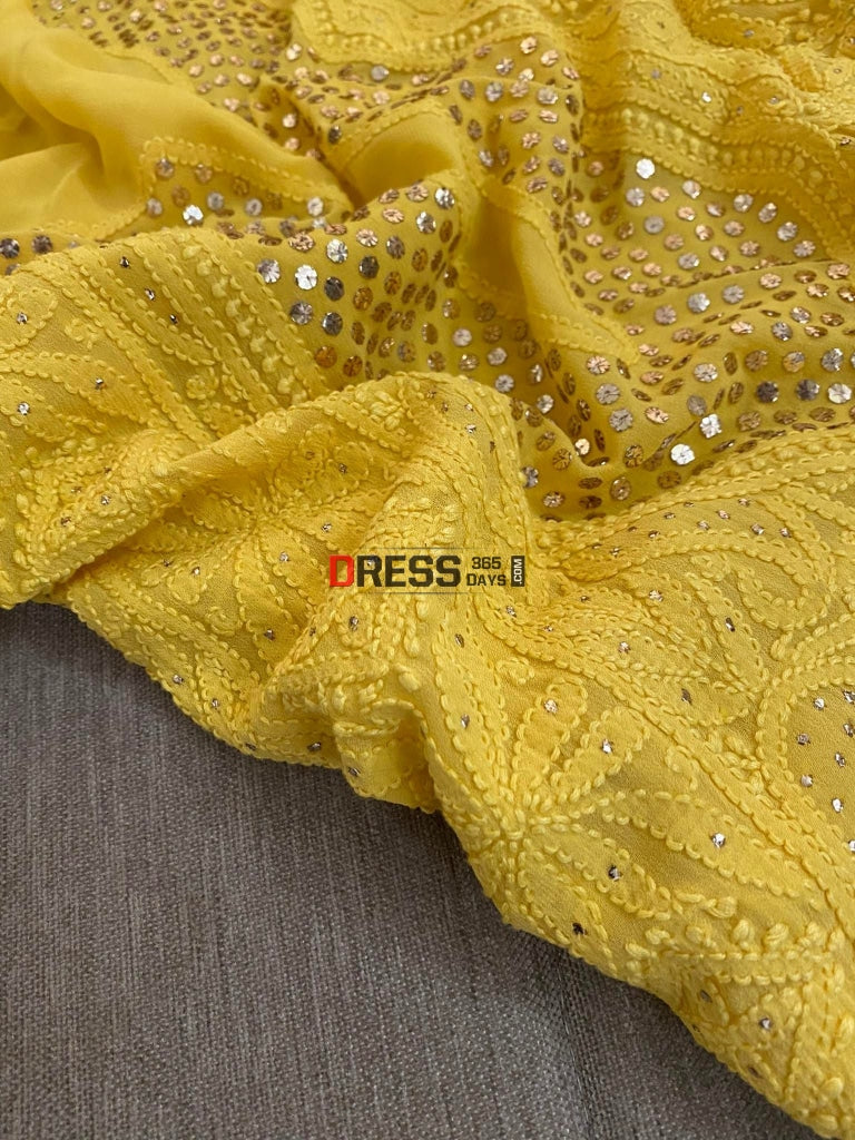 Yellow Mukaish Neckline Chikankari Kurta Dupatta Suits