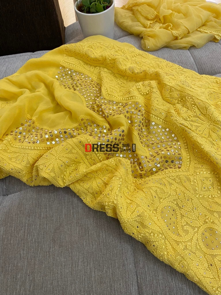 Yellow Mukaish Neckline Chikankari Kurta Dupatta Suits