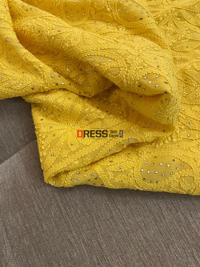 Yellow Mukaish Neckline Chikankari Kurta Dupatta Suits