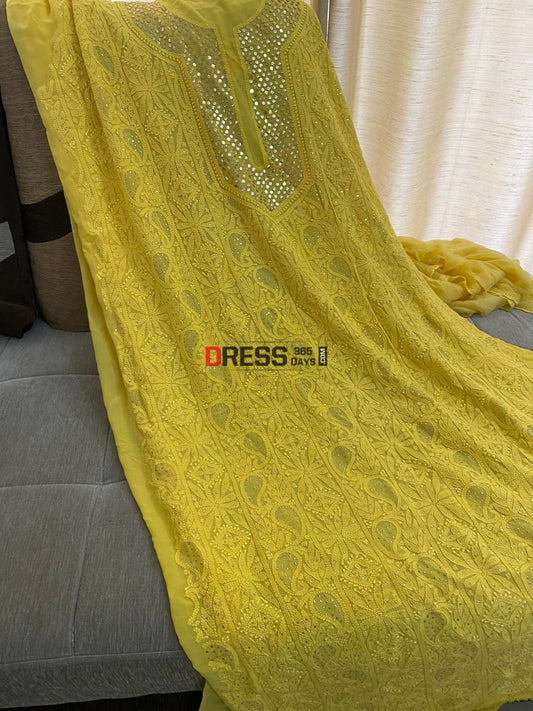 Yellow Mukaish Neckline Chikankari Kurta Dupatta Suits