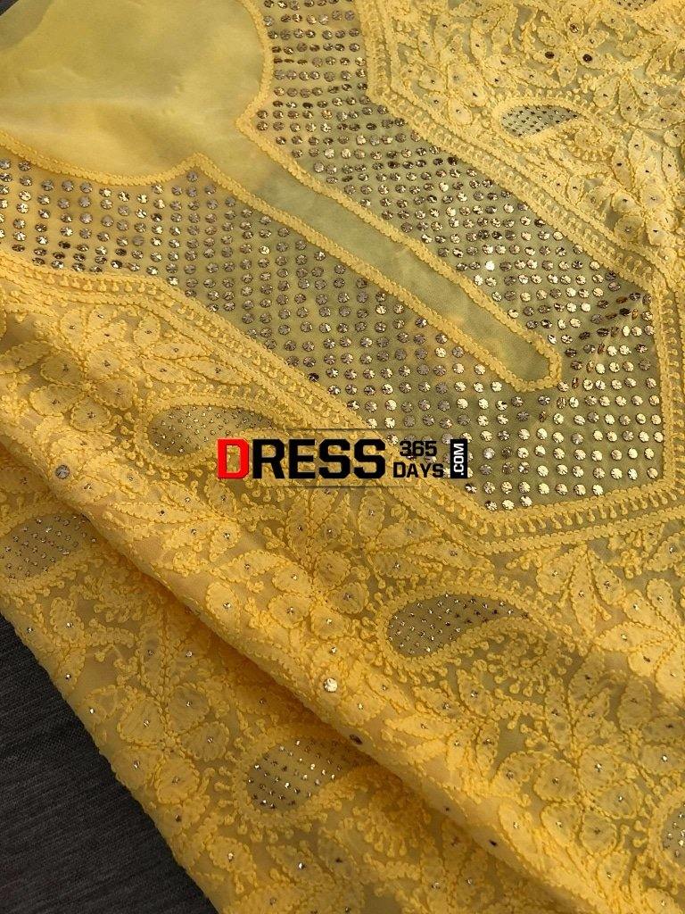 Yellow Mukaish Neckline Chikankari Suit (Three Piece) Suits