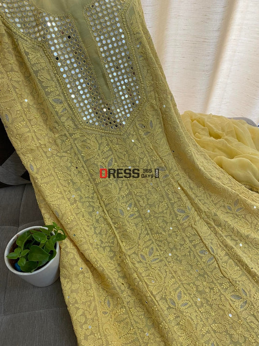 Yellow Neckline Chikankari Kurta Dupatta Suits