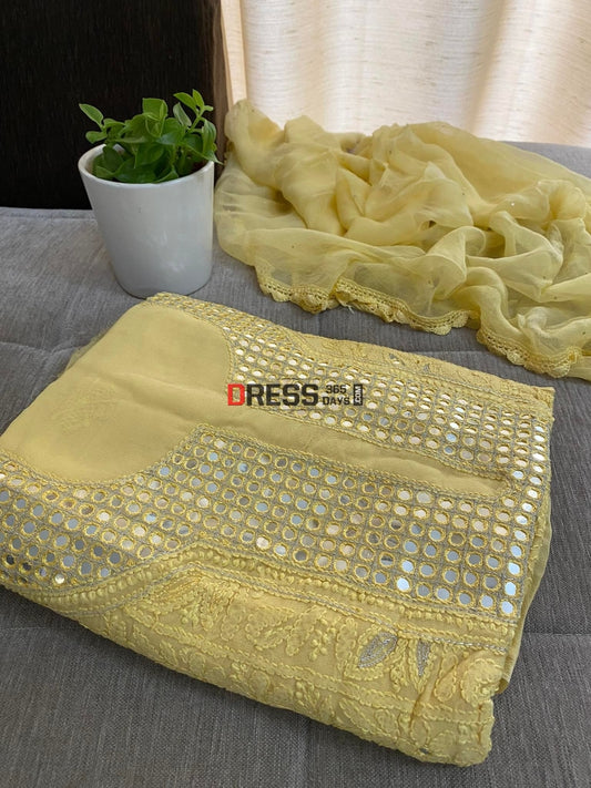 Yellow Neckline Chikankari Kurta Dupatta Suits