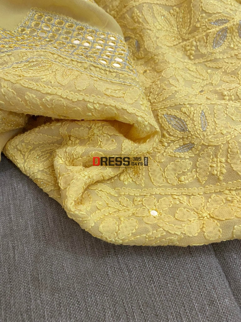 Yellow Neckline Chikankari Kurta Dupatta Suits