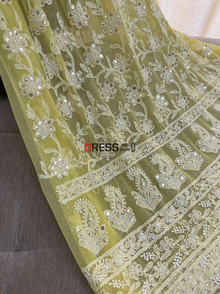 Yellow Net Chikankari Mukaish Suit Suits