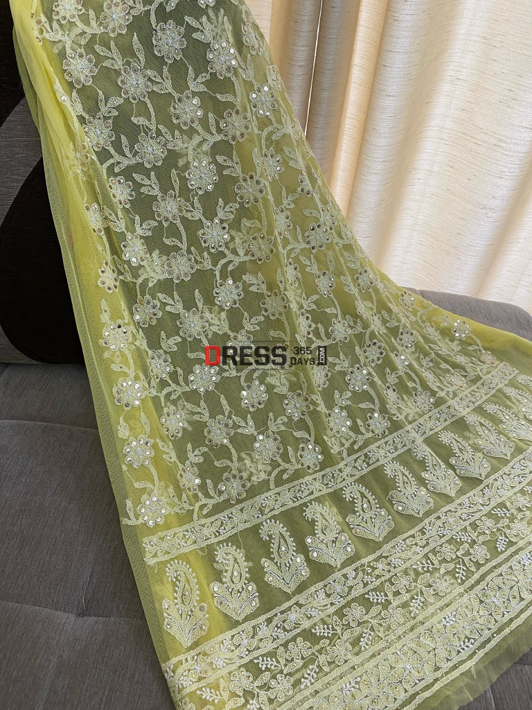 Yellow Net Chikankari Mukaish Suit Suits