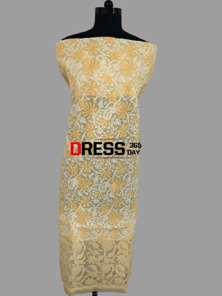 Yellow Net Daaman Cotton Chikankari Kurti Fabric - Dress365days