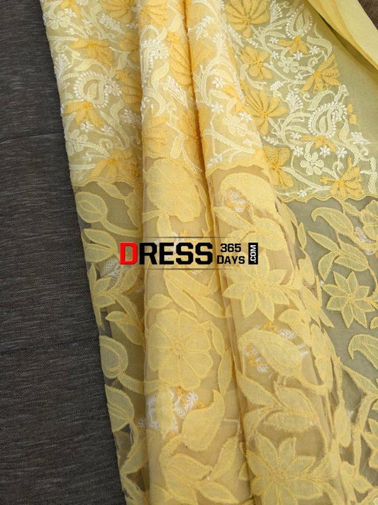 Yellow Net Daaman Cotton Chikankari Kurti Fabric Fabric