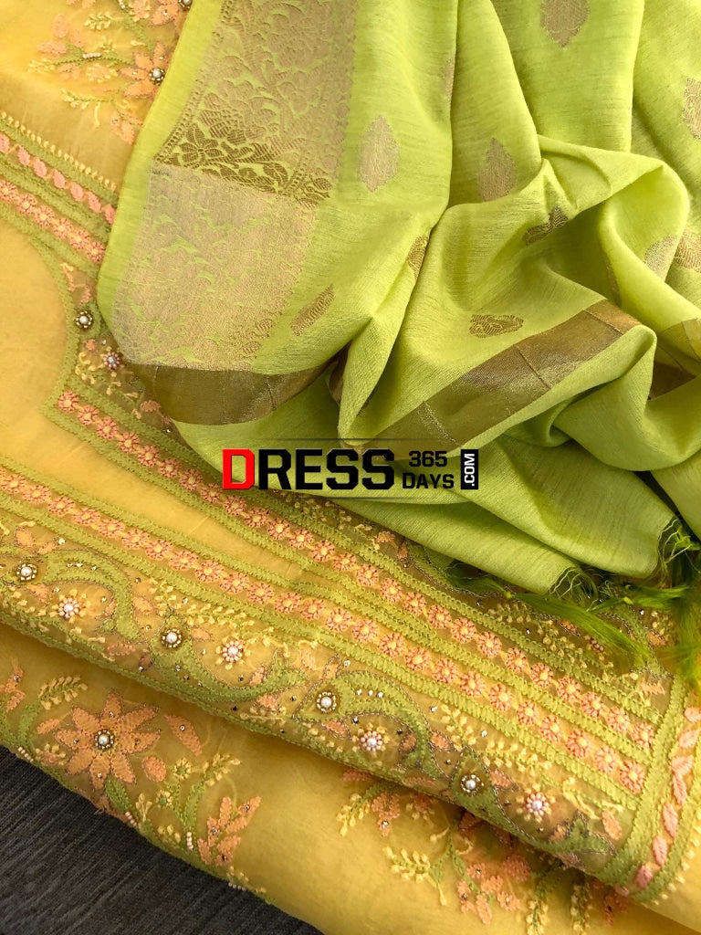Yellow Organza Chikankari Suit & Olive Green Banarasi Dupatta Suits