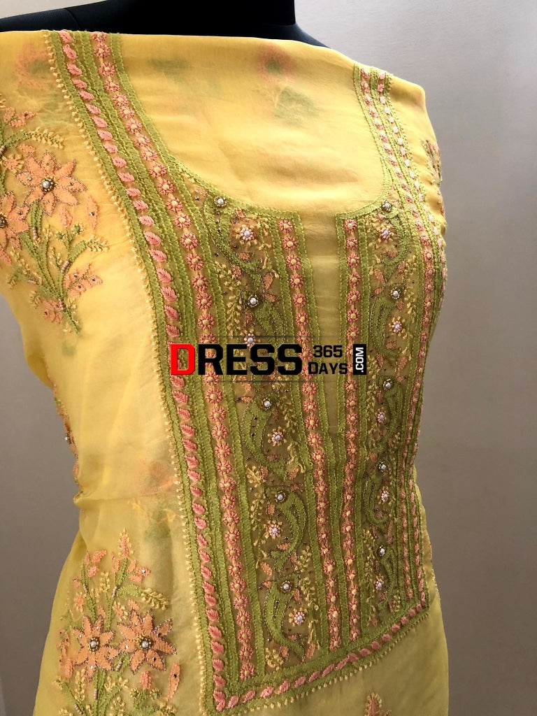 Yellow Organza Chikankari Suit & Olive Green Banarasi Dupatta Suits