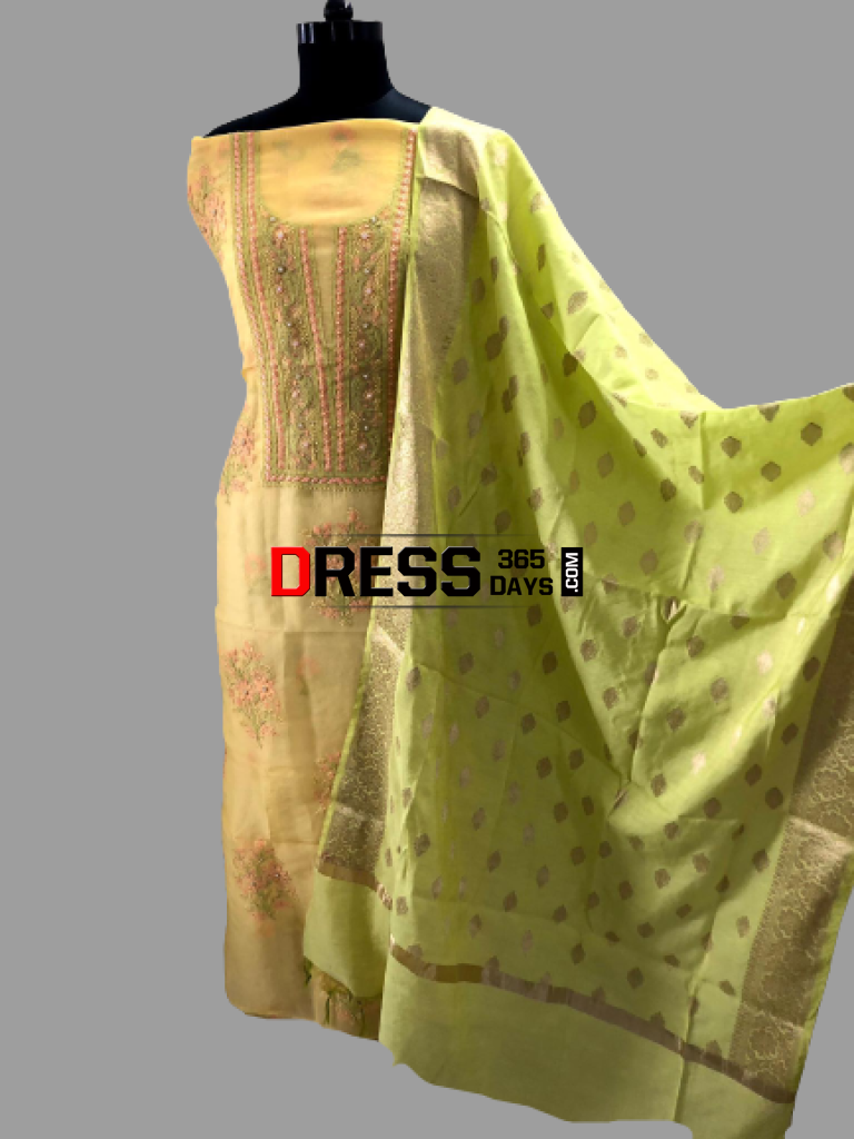 Yellow Organza Chikankari Suit & Olive Green Banarasi Dupatta Suits