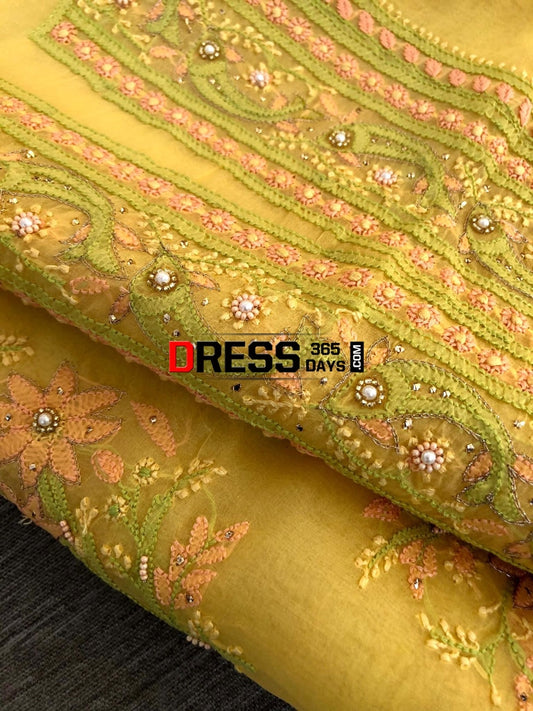Yellow Organza Chikankari Suit & Olive Green Banarasi Dupatta Suits