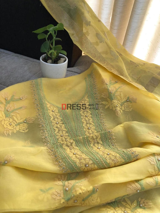 Yellow Organza Pearl Chikankari Suit Suits
