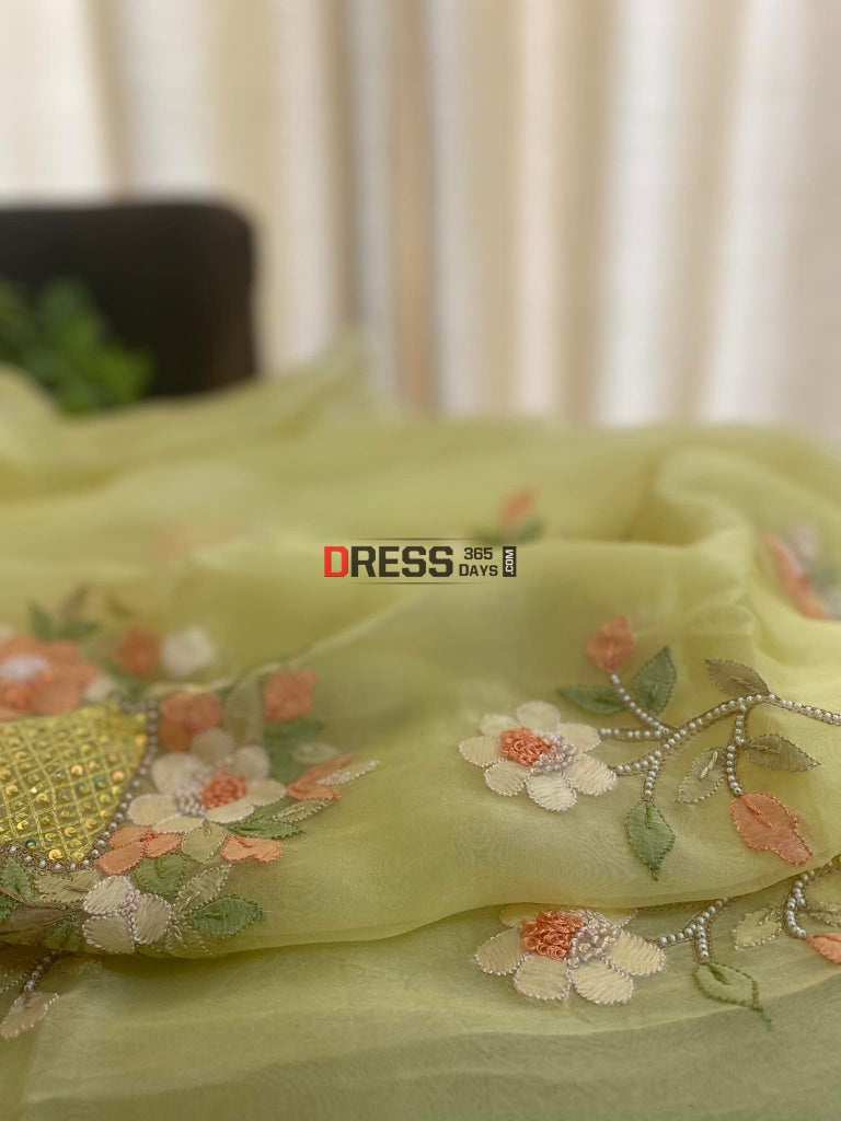 Yellow Organza Pearls Multicolour Chikankari Suit Suits
