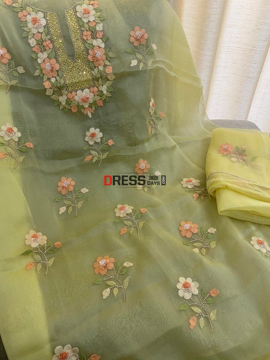 Yellow Organza Pearls Multicolour Chikankari Suit Suits