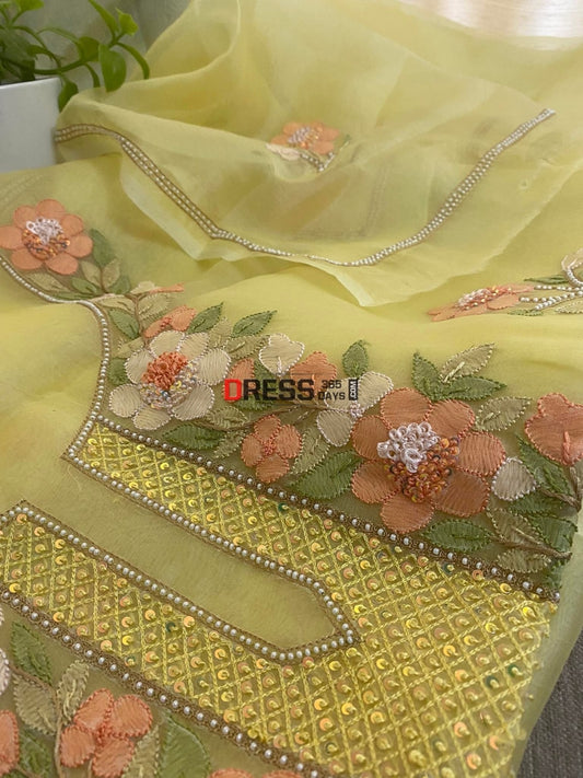 Yellow Organza Pearls Multicolour Chikankari Suit Suits