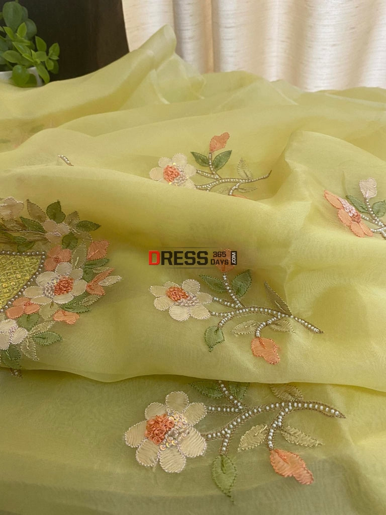 Yellow Organza Pearls Multicolour Chikankari Suit Suits