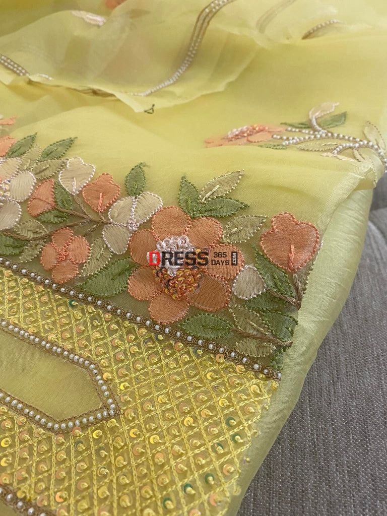 Yellow Organza Pearls Multicolour Chikankari Suit Suits
