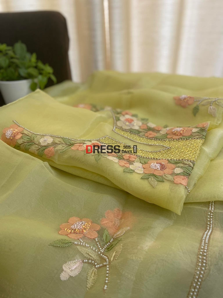 Yellow Organza Pearls Multicolour Chikankari Suit Suits
